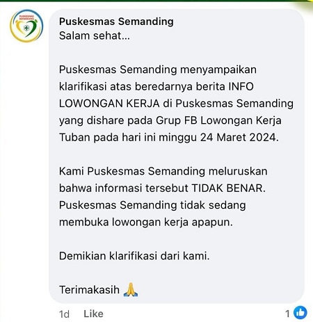 [Cek Fakta] Hati-hati, Penipuan Berkedok Lowongan Puskesmas di Tuban